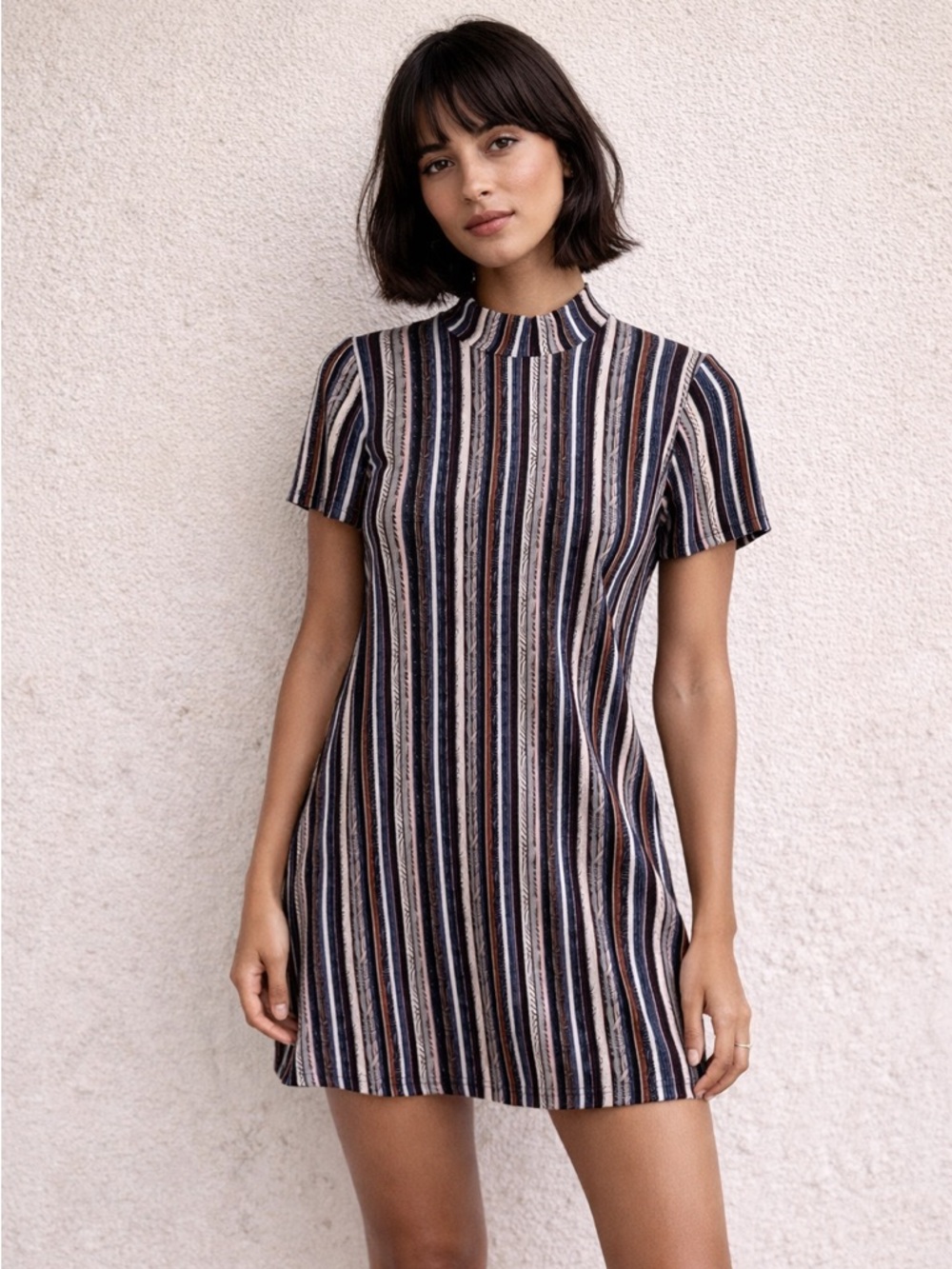 BCBGeneration Striped Stretchy Mock Neck Mini Dress | Retro 90s Y2K Designer | M